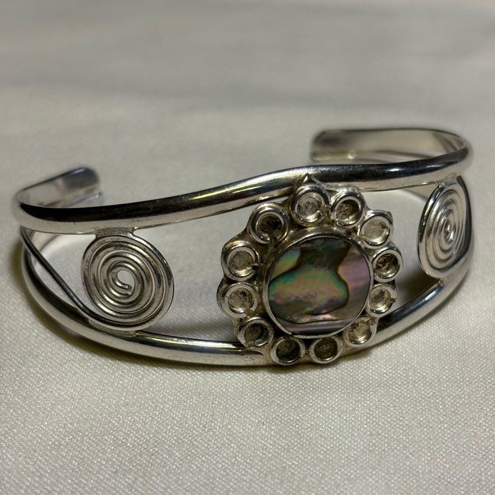 Vintage Iridescent Abalone Shell Alpaca Silver Festival Cuff Bracelet - Picture 4 of 8